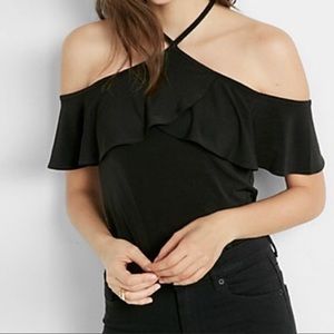 Black Cold Shoulder Halter Ruffle Tee